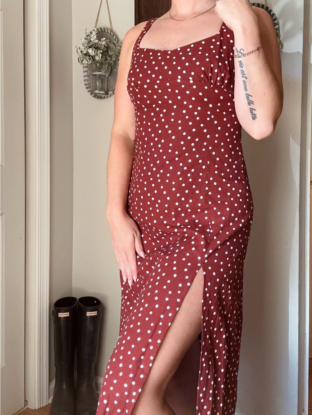 Women’s Zara linen blend Polka Dot Slip Dress in Rust with Side Slit —has defect